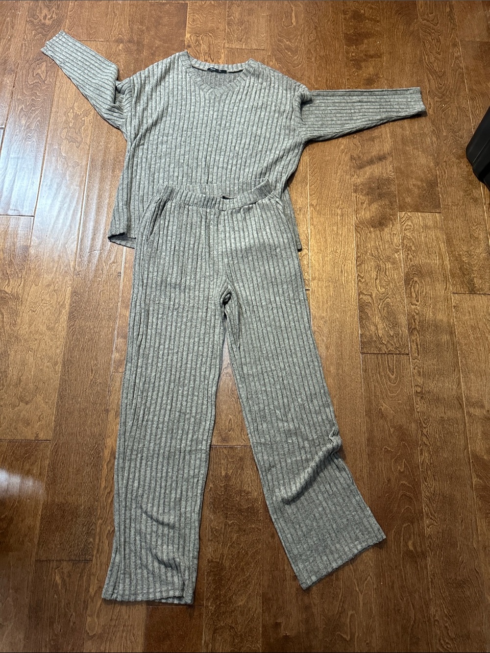 Ribbed Knit Lounge Set - Light Gray